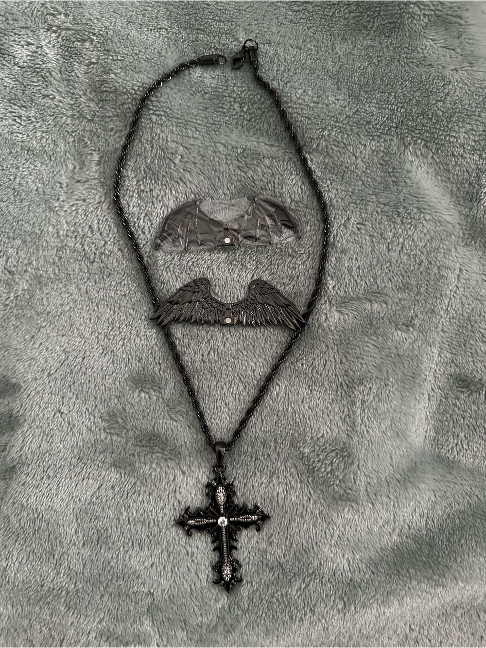 Gothic Black Cross Necklace with Interchangeable Wings